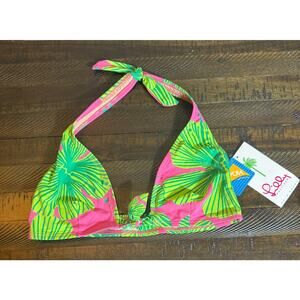 NWT Lilly Pulitzer Pink and Green Hibiscus Bikini Top Size 4 Top Only Swim